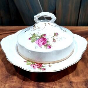698. Cottage Core Covered butter Dish Roses and Gold Trim